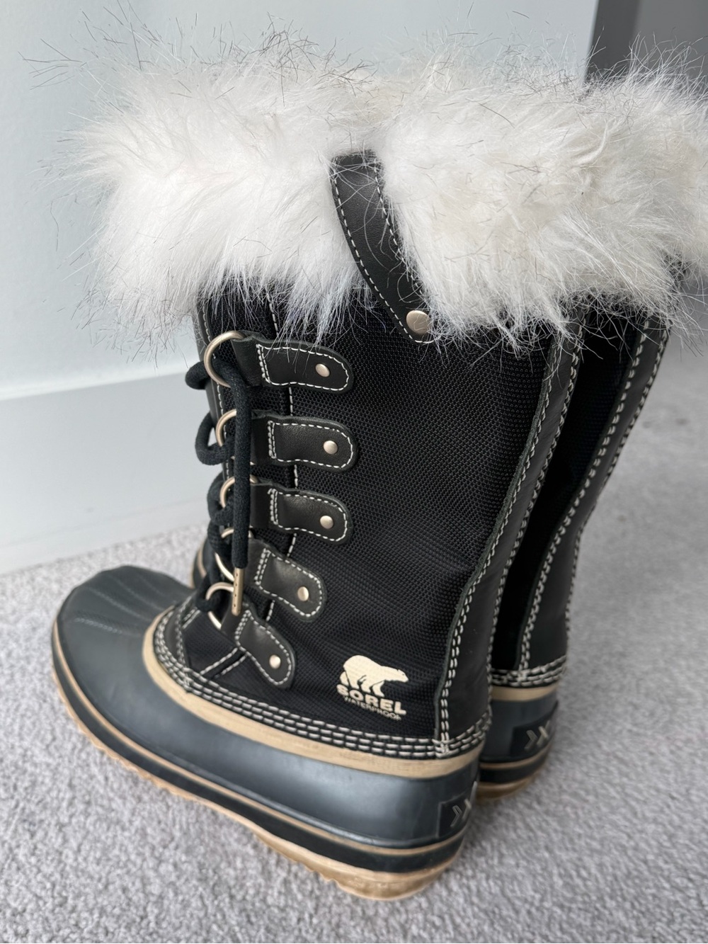 Sorel Black Boots with White Faux-Fur Trim for Kids